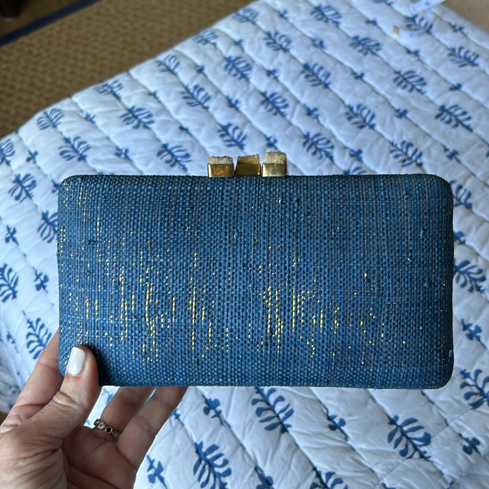 KAYU blue and gold clutch! Rock detail closure. Perfect condition. 9” w x 5” t